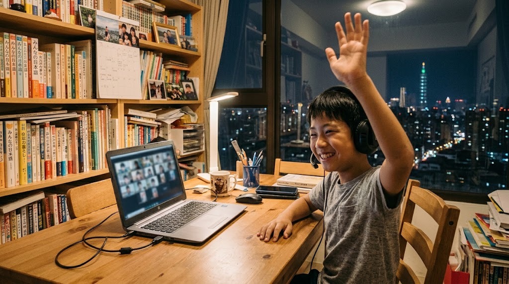 自宅でオンライン授業の画面に映る同世代の友達に手を振って笑う、台北在住の子ども