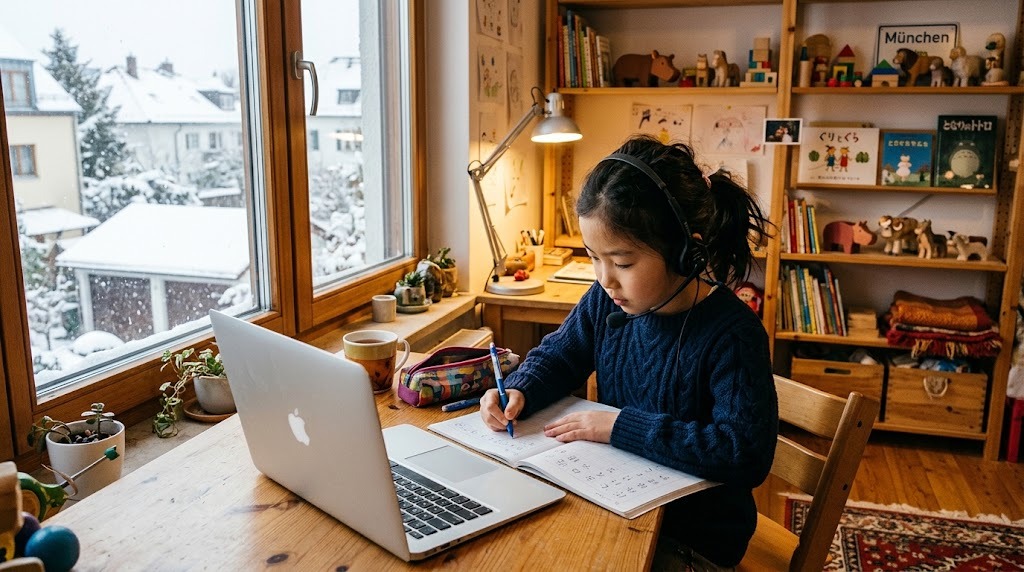 ミュンヘンの自宅の部屋で、平日の夕方にヘッドセットを着けてオンライン日本語グループ授業に参加する小学生