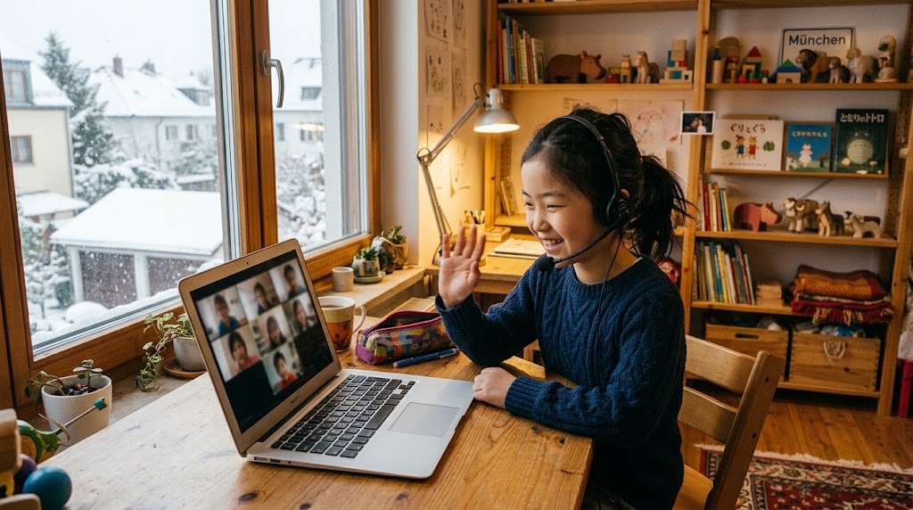 自宅でオンライン授業の画面に映る同世代の友達に手を振って笑う、ミュンヘン在住の子ども