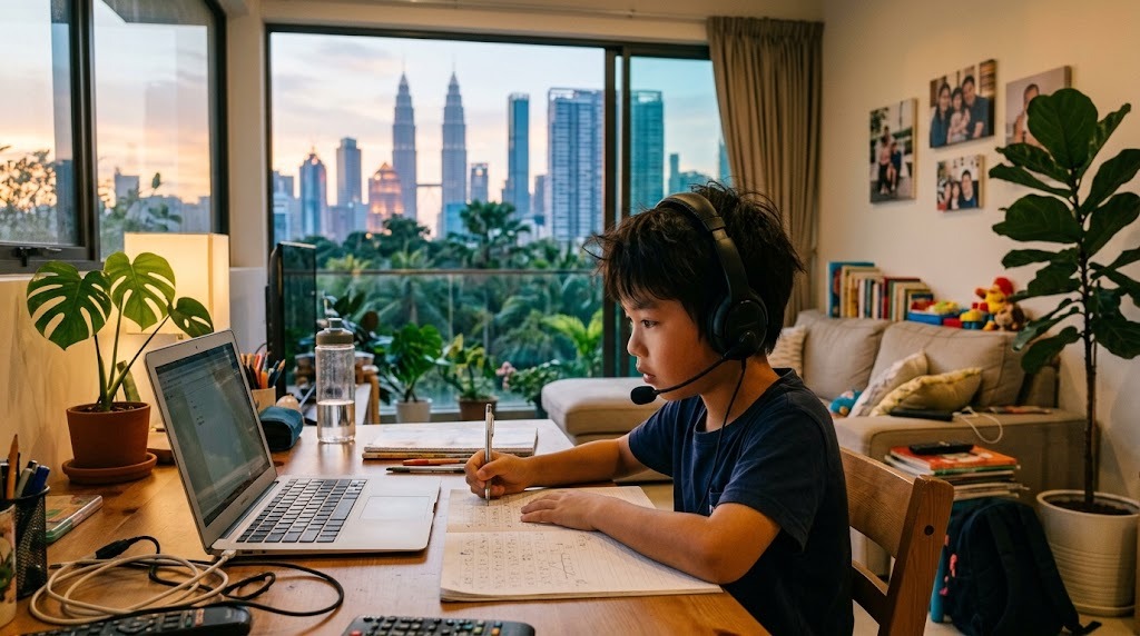 クアラルンプールの自宅の部屋で、平日の夕方にヘッドセットを着けてオンライン日本語グループ授業に参加する小学生