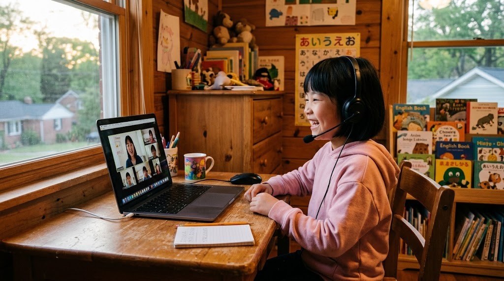 アトランタの自宅の部屋で、平日の夕方にヘッドセットを着けてオンライン日本語グループ授業に参加する小学生