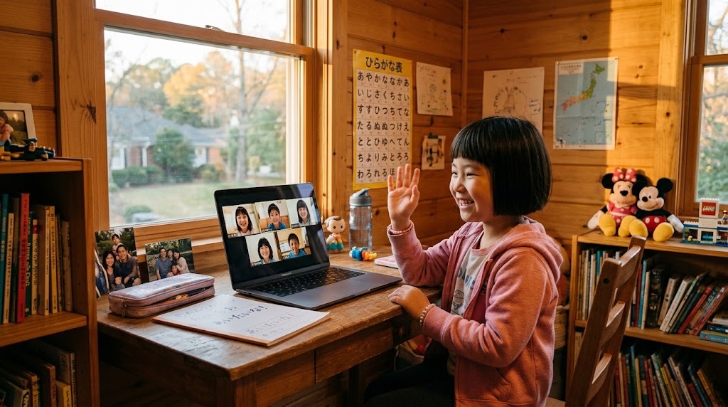自宅でオンライン授業の画面に映る同世代の友達に手を振って笑う、アトランタ在住の子ども