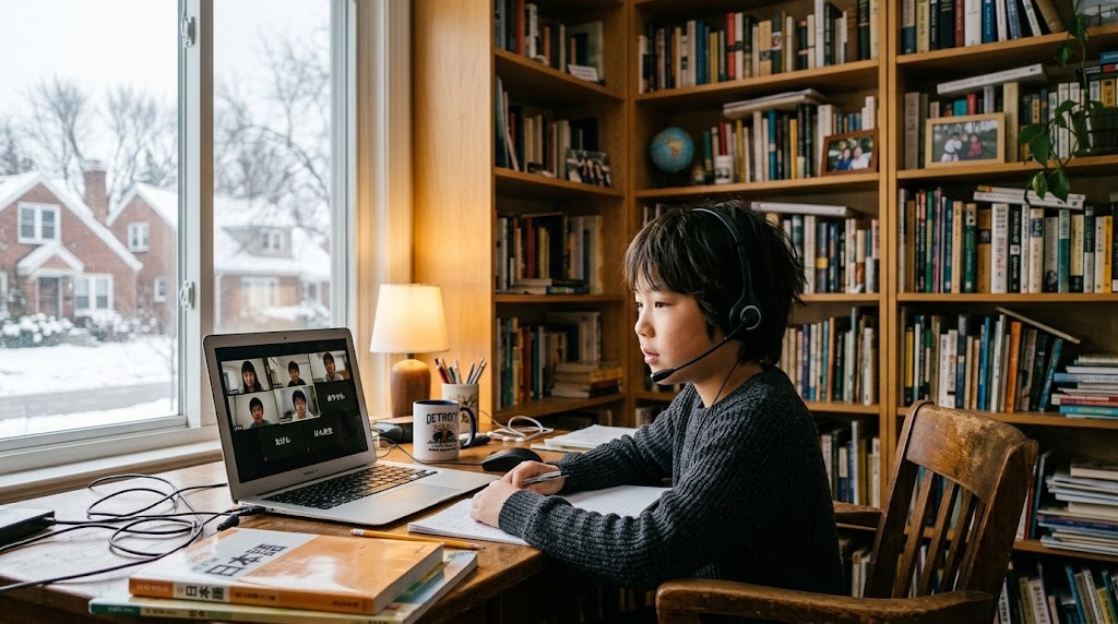 デトロイト郊外の自宅の部屋で、平日の夕方にヘッドセットを着けてオンライン日本語グループ授業に参加する小学生