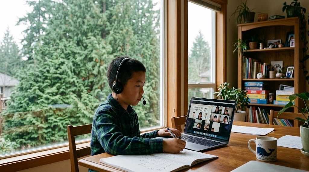 バンクーバー近郊の自宅の部屋で、平日の夕方にヘッドセットを着けてオンライン日本語グループ授業に参加する小学生