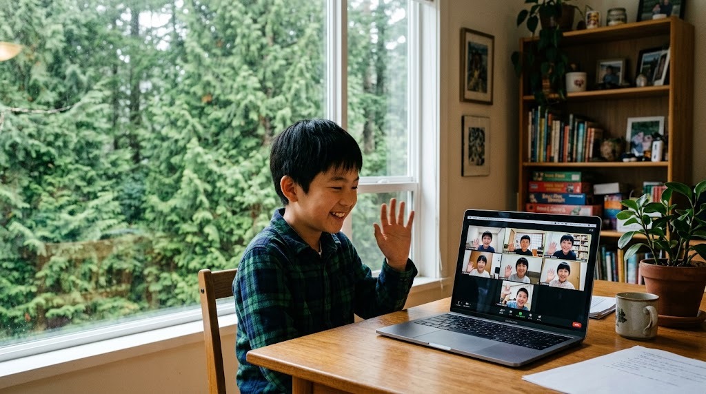 自宅でオンライン授業の画面に映る同世代の友達に手を振って笑う、バンクーバー在住の子ども