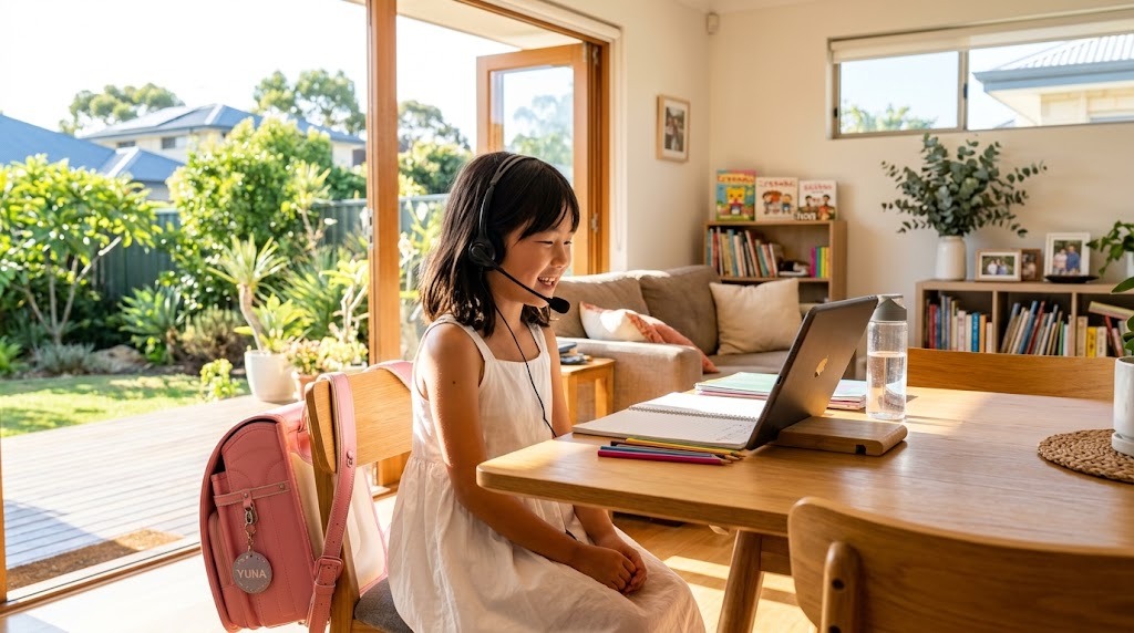 パースの自宅の部屋で、平日の夕方にヘッドセットを着けてオンライン日本語グループ授業に参加する小学生