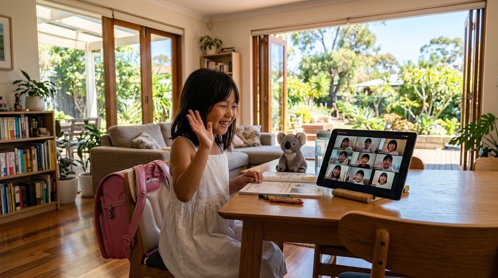 自宅でオンライン授業の画面に映る同世代の友達に手を振って笑う、パース在住の子ども