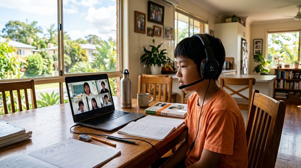 ブリスベンの自宅の部屋で、平日の夕方にヘッドセットを着けてオンライン日本語グループ授業に参加する小学生