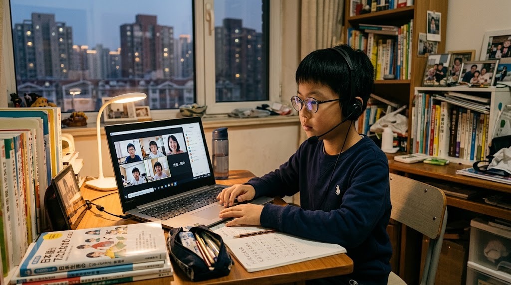 北京の自宅の部屋で、平日の夕方にヘッドセットを着けてオンライン日本語グループ授業に参加する小学生