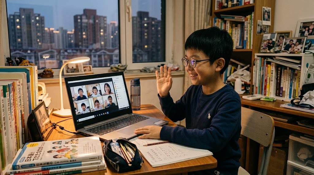 自宅でオンライン授業の画面に映る同世代の友達に手を振って笑う、北京在住の子ども