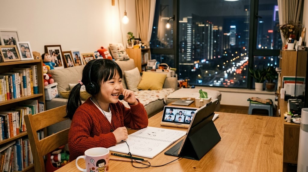広州の自宅の部屋で、平日の夕方にヘッドセットを着けてオンライン日本語グループ授業に参加する小学生