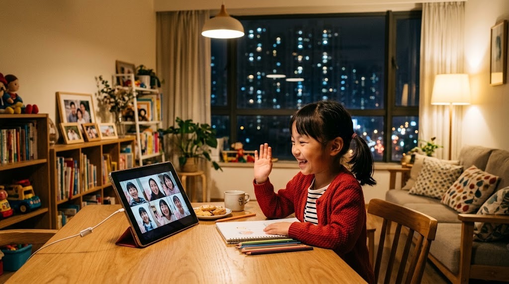 自宅でオンライン授業の画面に映る同世代の友達に手を振って笑う、広州在住の子ども