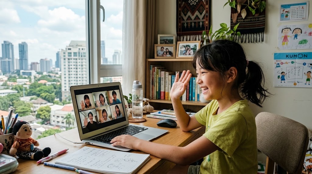 自宅でオンライン授業の画面に映る同世代の友達に手を振って笑う、ジャカルタ在住の子ども