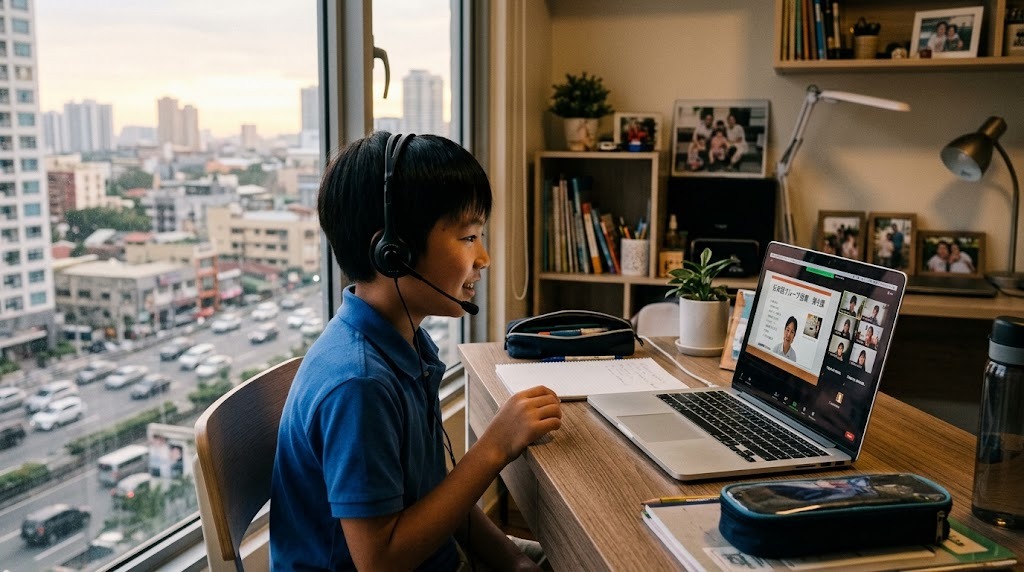 マニラの自宅の部屋で、平日の夕方にヘッドセットを着けてオンライン日本語グループ授業に参加する小学生