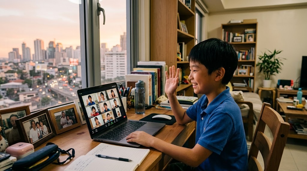 自宅でオンライン授業の画面に映る同世代の友達に手を振って笑う、マニラ在住の子ども