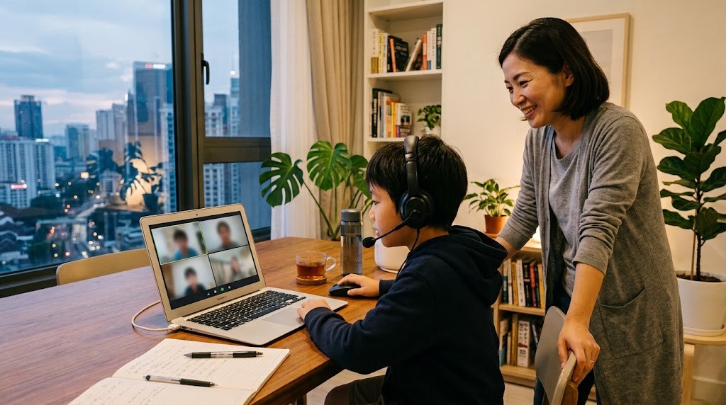 東南アジアのコンドミニアムの自宅で、平日の夕方にヘッドセットを着けてオンライン日本語グループ授業に参加する小学生と見守る母親