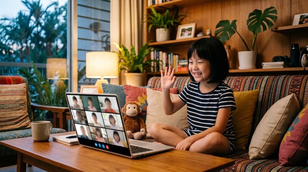 自宅のリビングで、オンラインの日本語グループ授業の画面に映る同世代の友達に笑顔で手を振る子ども
