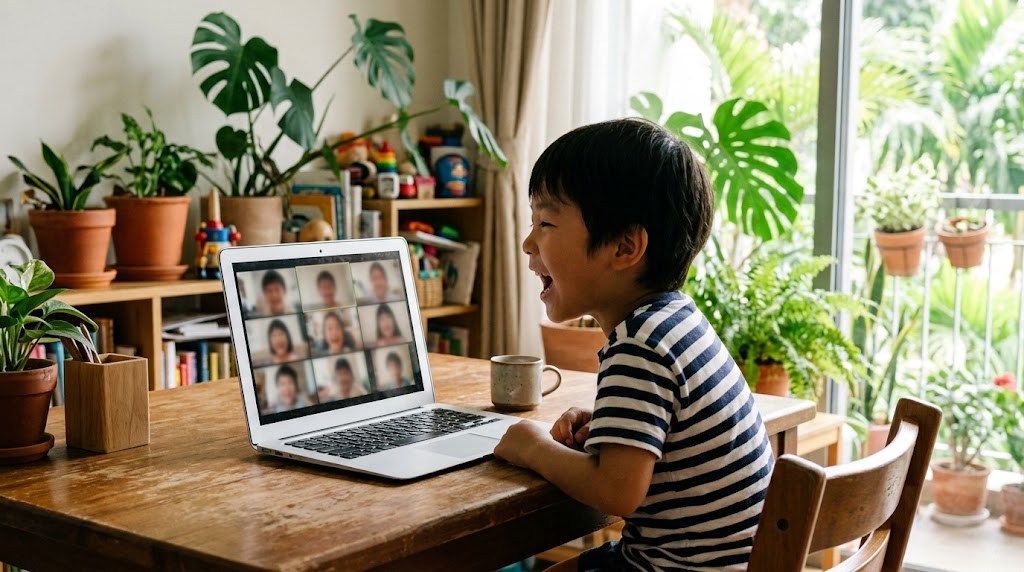 オンライン画面に映る日本の同世代の友達に向かって、笑顔で日本語で話しかける海外在住の子ども