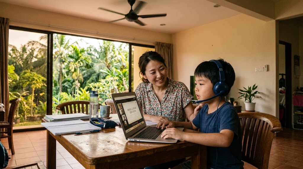 マレーシアの自宅で、ヘッドセットを着けてオンラインの日本語グループ授業に参加する小学生と見守る母親