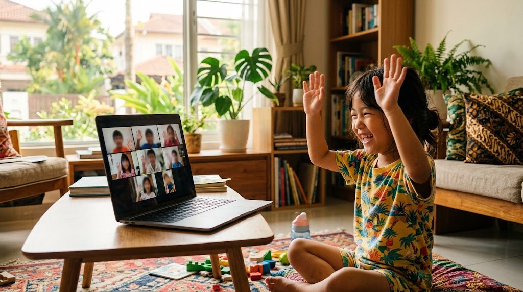 オンライン画面に映る日本の同世代の友達に笑顔で手を振る、マレーシア在住の子ども