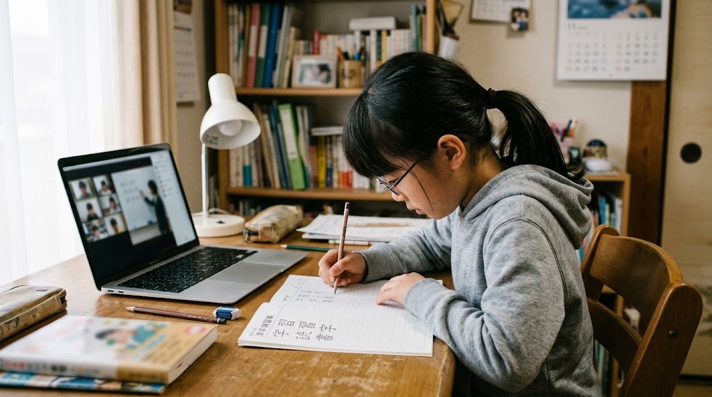 自宅の机で、オンラインの日本語授業を受けながら漢字や国語のノートに取り組む海外在住の小学生