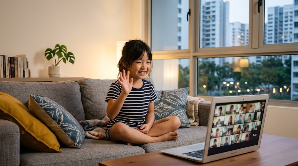 自宅のソファでオンライン日本語グループ授業の画面に映る同世代の友達に手を振って笑う、シンガポール在住の子ども