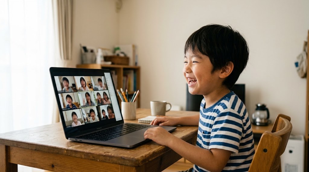 自宅でオンライン日本語グループ授業に参加し、同世代の友達と楽しそうに笑い合う海外在住の子ども