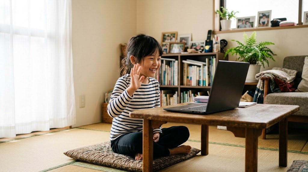 オンライン日本語グループ授業の画面に映る同世代の友達に、笑顔で手を振る海外在住の子ども