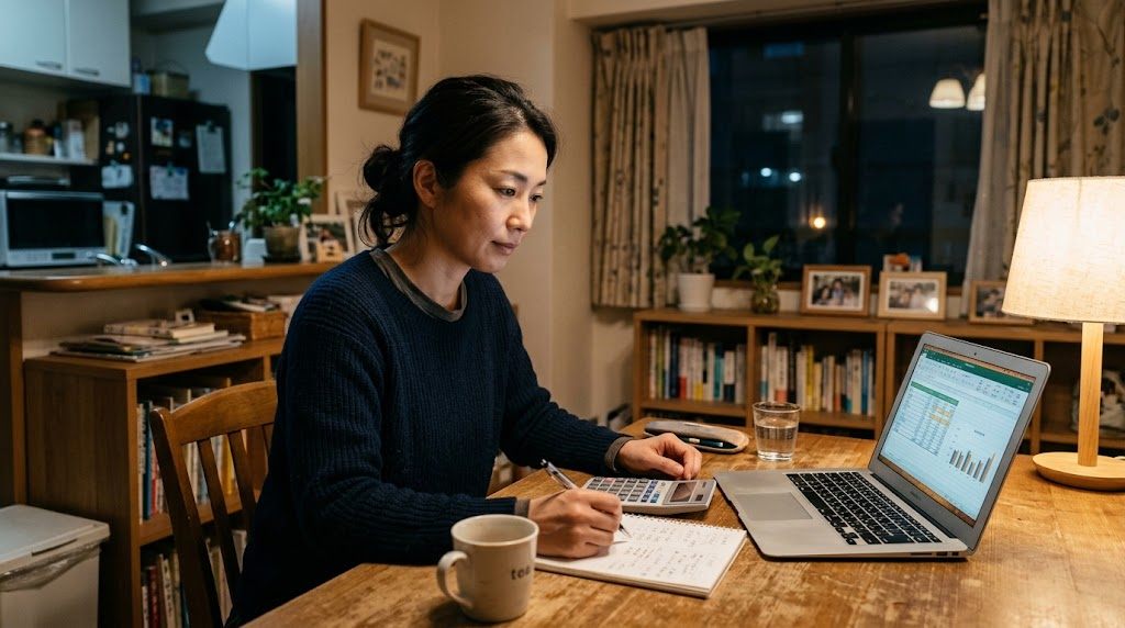 海外の自宅のダイニングで、家計簿とノートパソコンを前に子どもの習い事の費用を確認する保護者