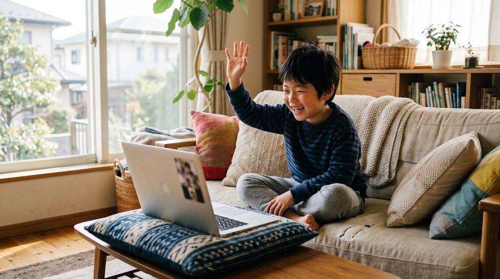自宅のソファでノートパソコンのオンライン日本語グループ授業に参加し、画面の友達に笑いかける海外在住の子ども
