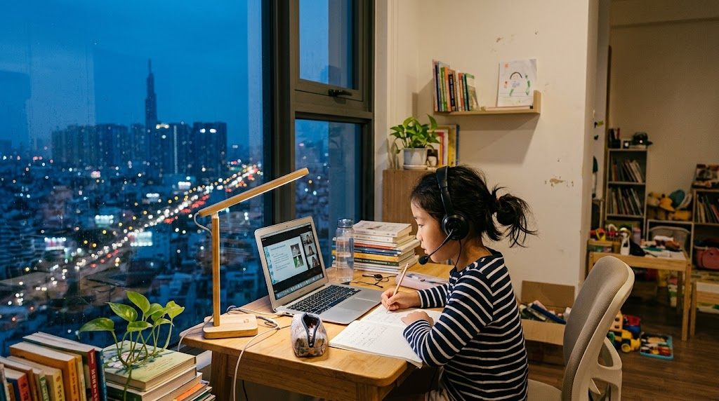 ベトナムの自宅で、夕方にヘッドセットを着けてノートパソコンのオンライン日本語授業に参加する小学生