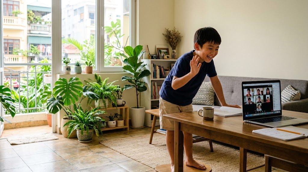 ベトナムの自宅リビングで、ノートパソコンの画面越しに日本の同世代の友達へ手を振って笑う子ども