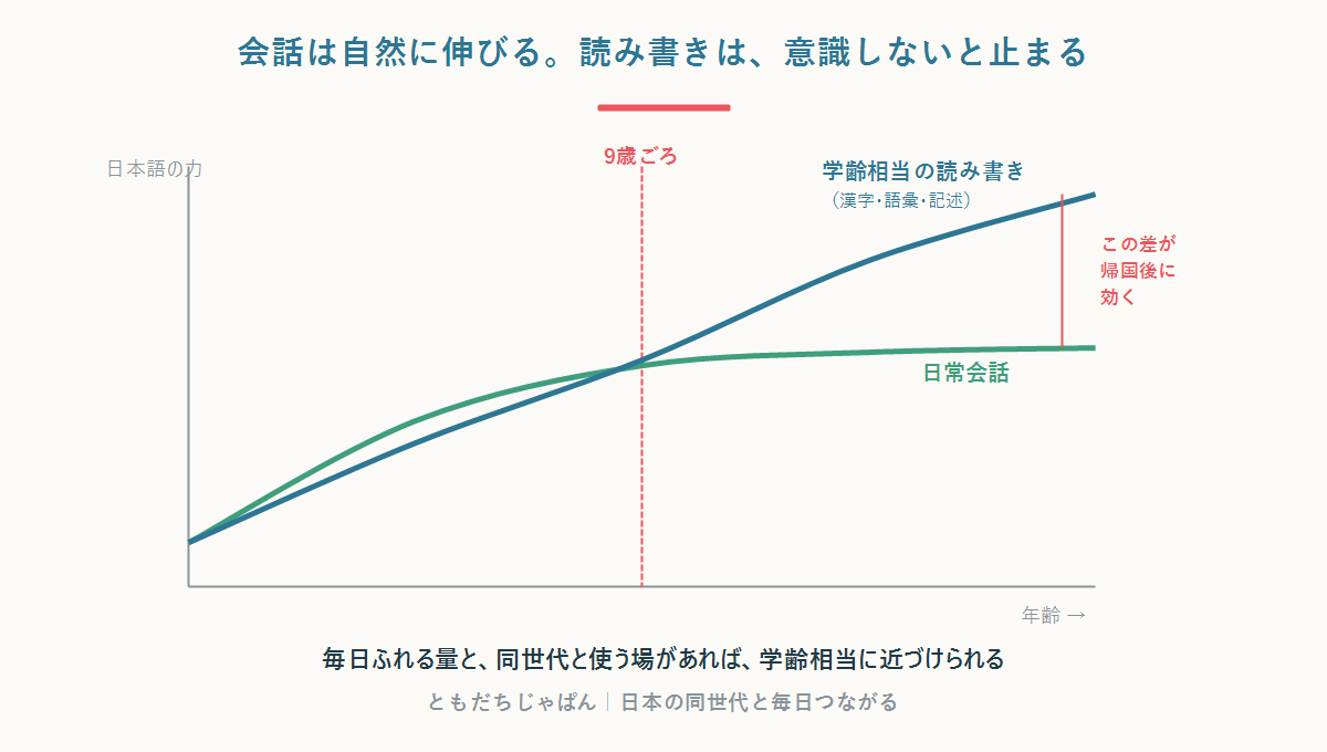 日常会話は自然に伸びるが、学齢相当の読み書き(漢字・語彙・記述)は意識して積まないと9歳前後で差が開くことを示した図
