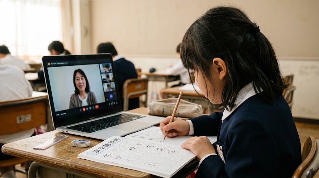海外の自宅の学習机で、日本語のワークに漢字を書き込みながらオンライン授業を受ける小学生