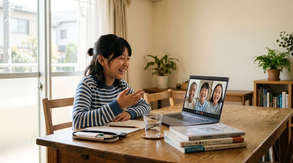 ダイニングテーブルのノートパソコン越しに、日本の同世代の友達と笑顔で話す海外在住の子ども