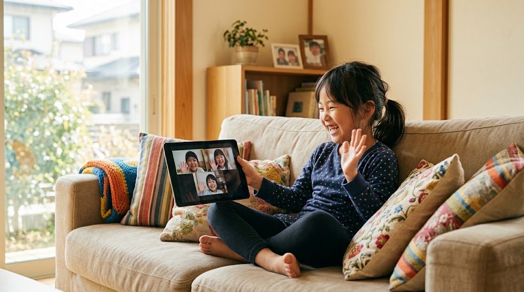 自宅のソファでタブレットの画面に映る同世代の友達に手を振って笑う、海外在住の子ども