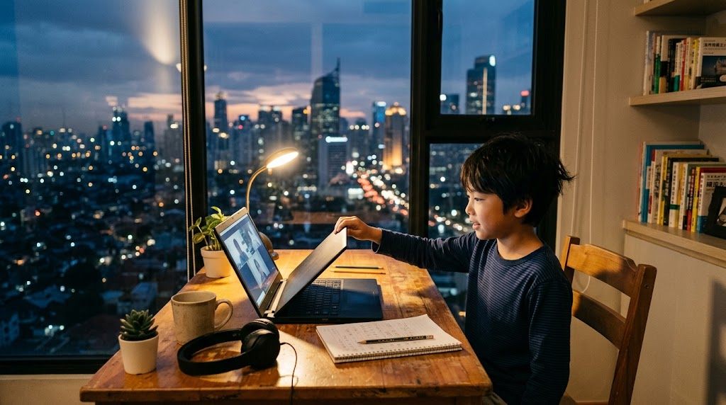 ジャカルタの自宅で、夕方にノートパソコンを開いてオンライン日本語授業に参加する小学生