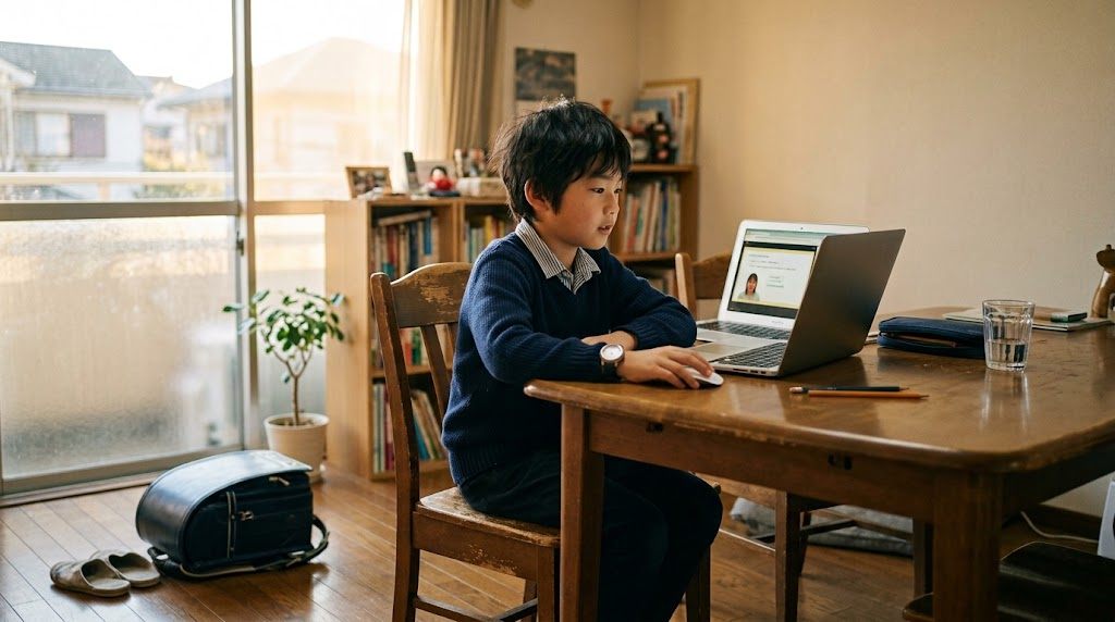 東南アジアの自宅で、学校から帰った夕方にランドセルを置いてノートパソコンのオンライン日本語授業を始める小学生