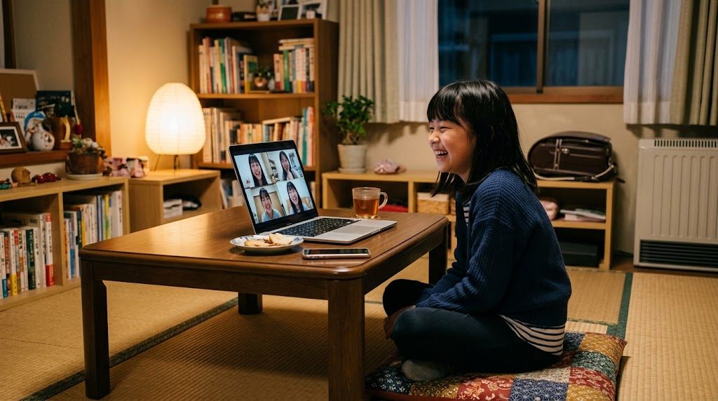 夕方の自宅リビングで、ノートパソコンの画面越しに日本の同世代の友達と一緒に笑う東南アジア在住の子ども