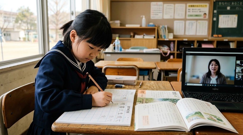 海外の自宅の机で、日本語の教科書と漢字ドリルを広げてオンライン授業に取り組む小学生の手元