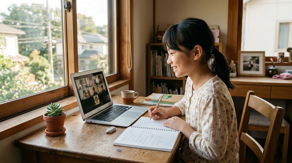 自室の学習机で、ノートパソコンの画面に映る日本の同世代の友達に笑顔を向ける、帰国を控えた海外在住の子ども