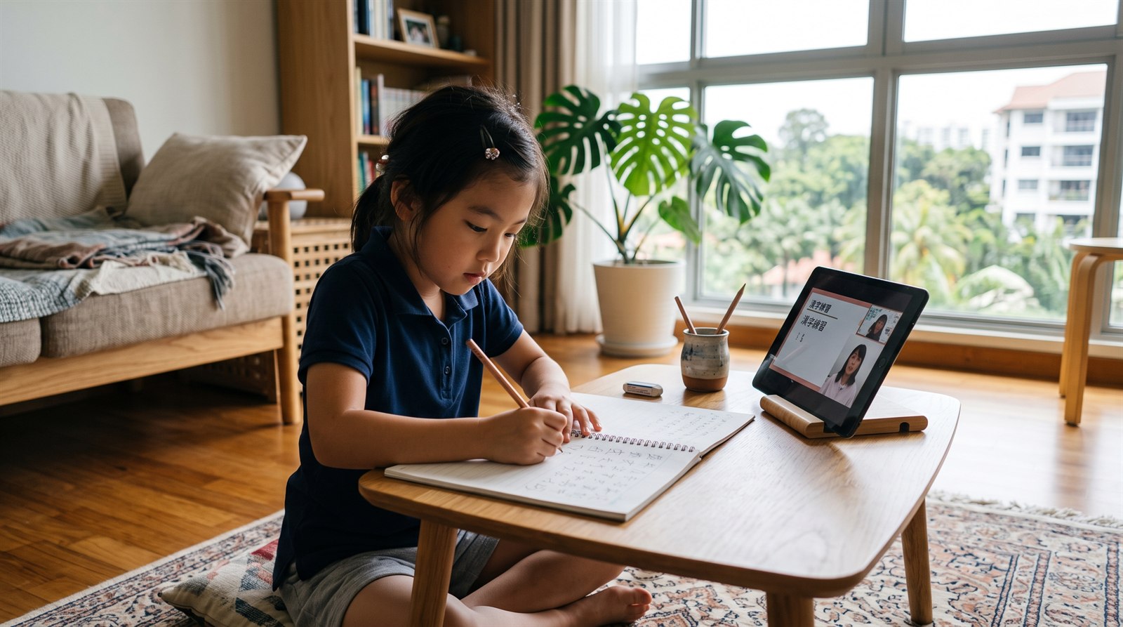 シンガポールの自宅でインターに通う子どもがタブレットで日本語のオンライン授業を受けている様子