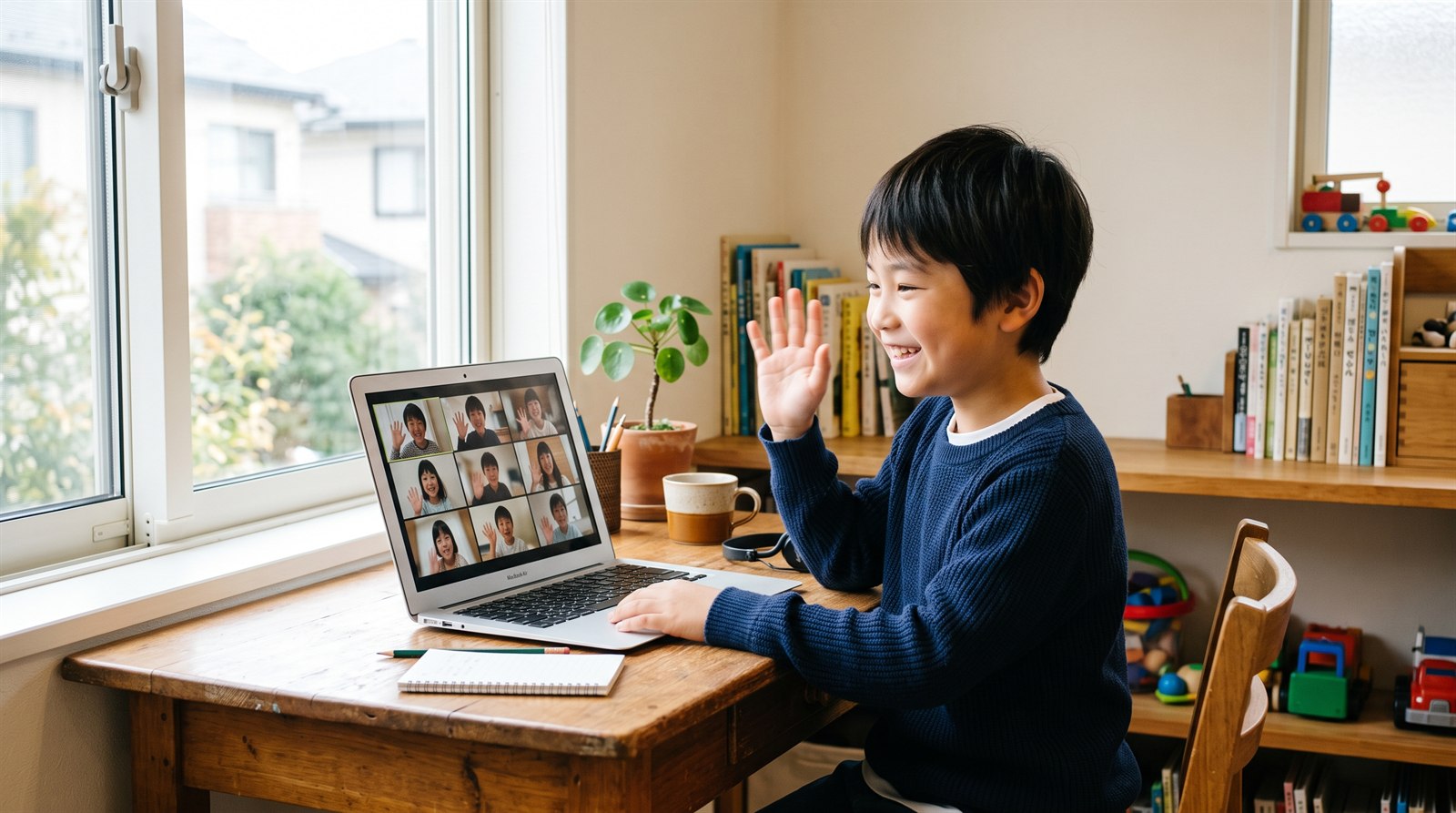 オンライン日本語グループ授業の画面に映る同世代の友達に笑顔で手を振るインター育ちの子ども
