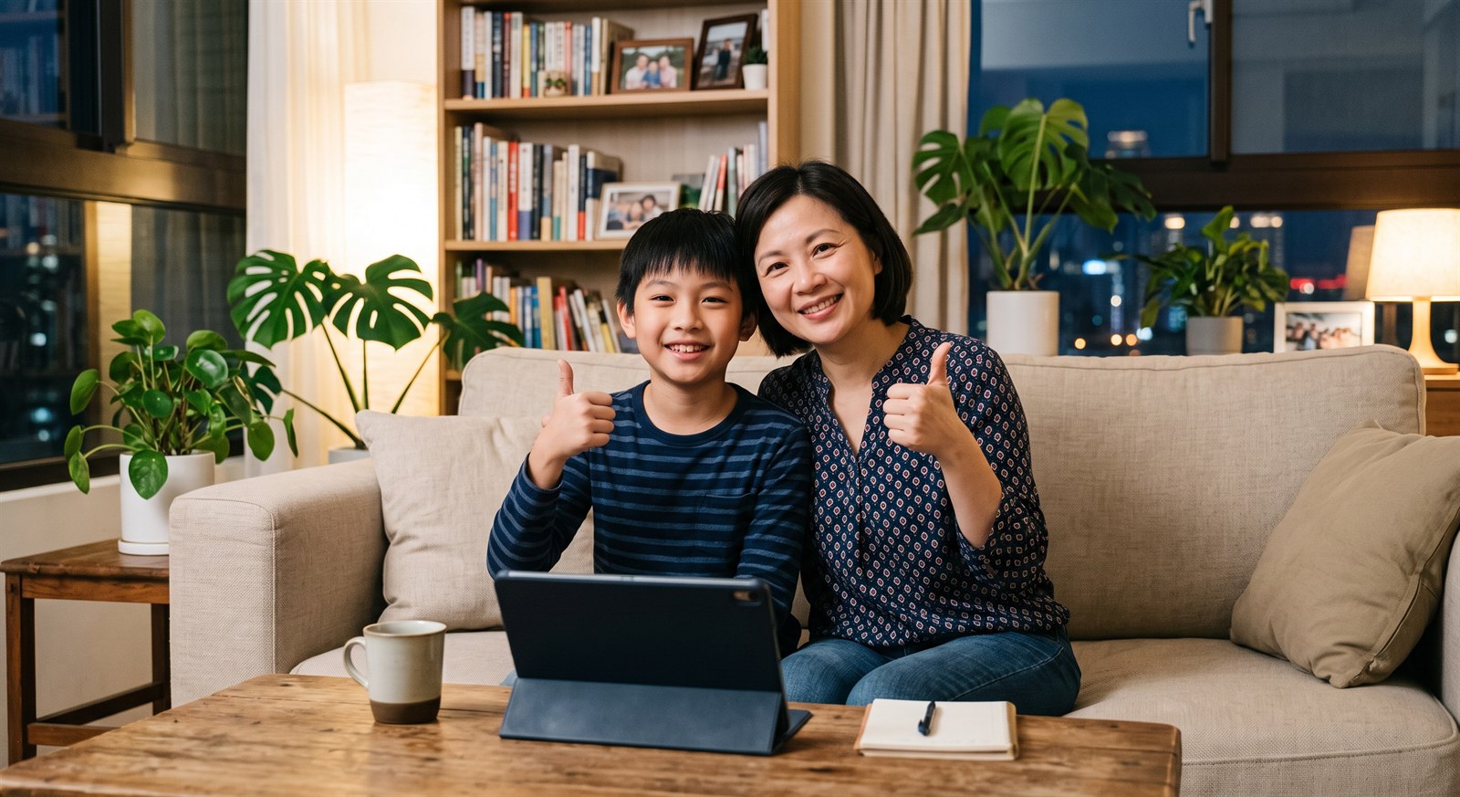 駐在先の自宅でオンライン日本語授業に参加し、ほっとした表情を見せる子ども