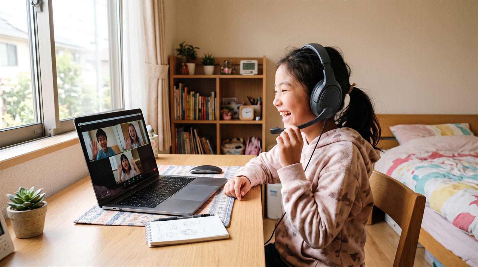 オンライン日本語グループ授業で同世代の友達と笑顔で話す海外在住の子ども