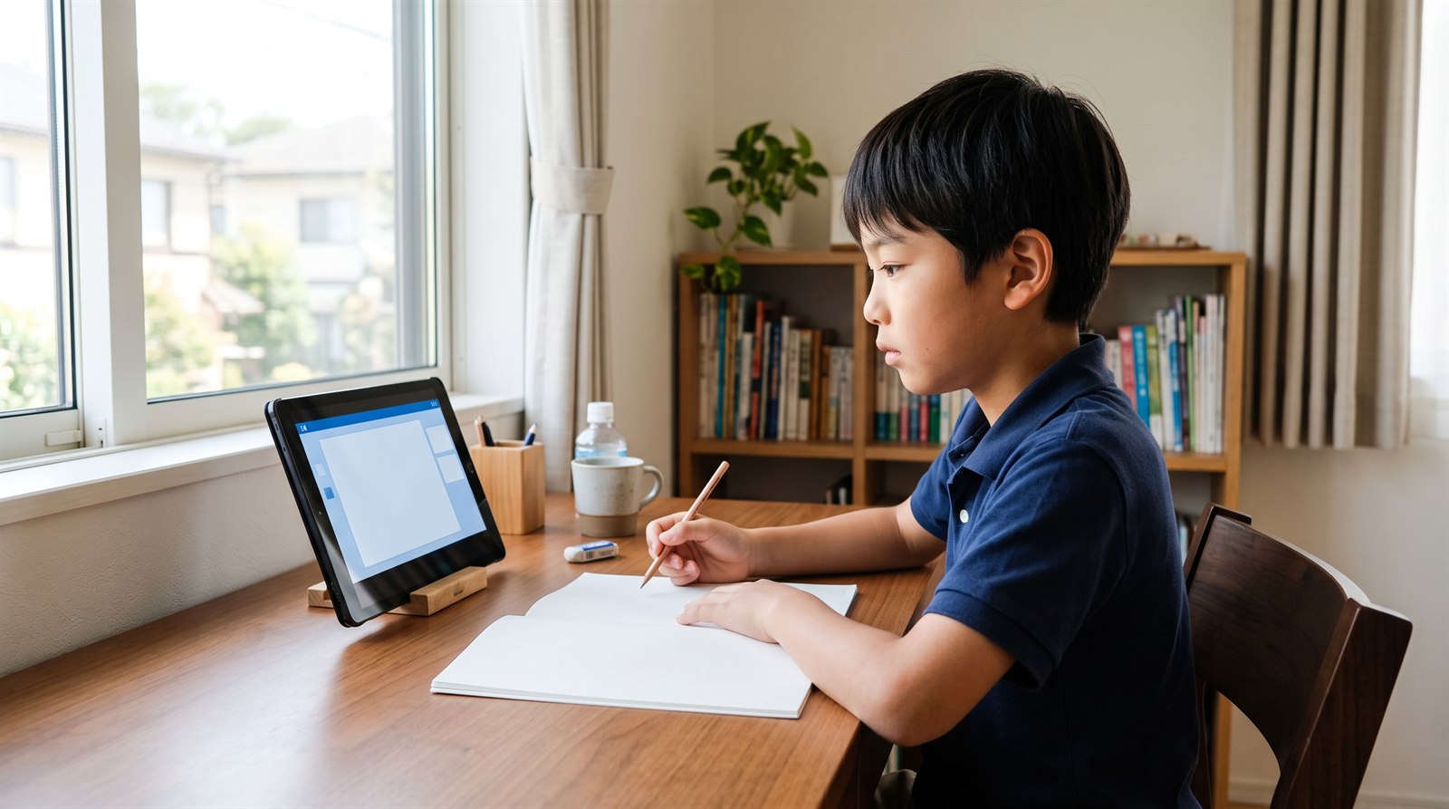 インターに通う子どもが自宅で日本語のオンライン授業に取り組む様子
