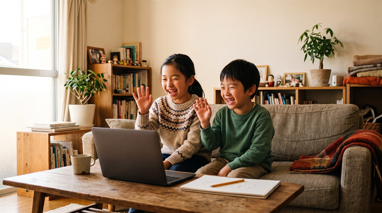 リビングのソファで兄妹が一緒にノートパソコンのオンライン日本語授業に笑顔で手を振る様子