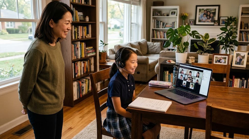 アメリカの自宅リビングで放課後にヘッドセットをつけ日本語のオンライングループ授業に参加する小学生と見守る母親