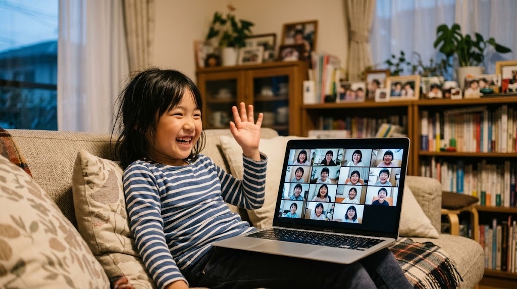 自宅のソファでオンラインの日本語グループ授業の画面に映る日本の同世代の友達に手を振って笑う子ども