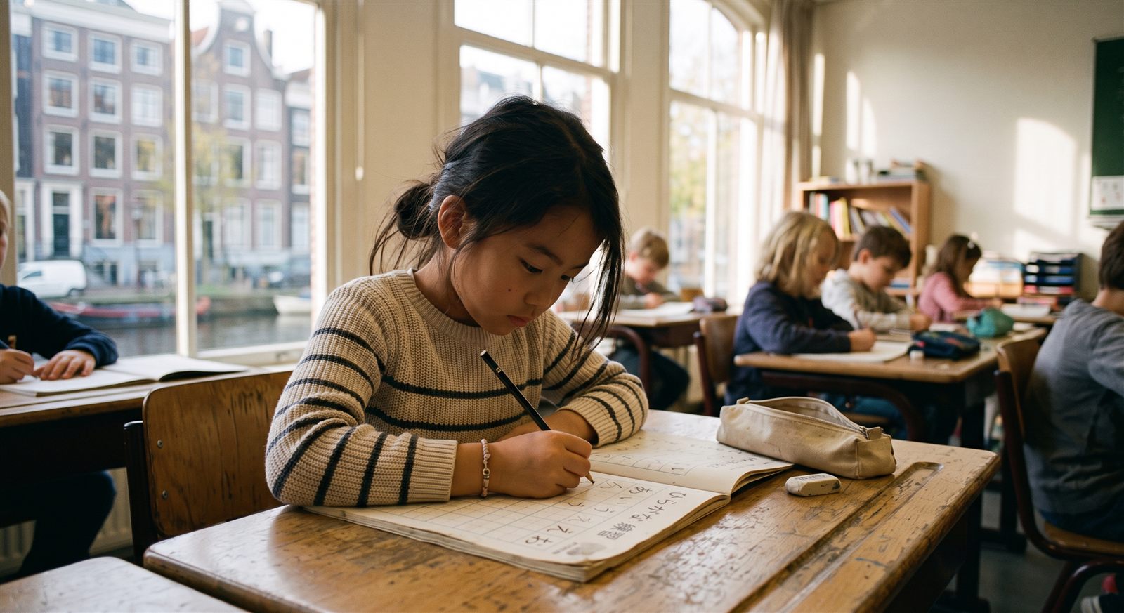 A Japanese-Dutch child writing Japanese at a Saturday school desk in Amsterdam